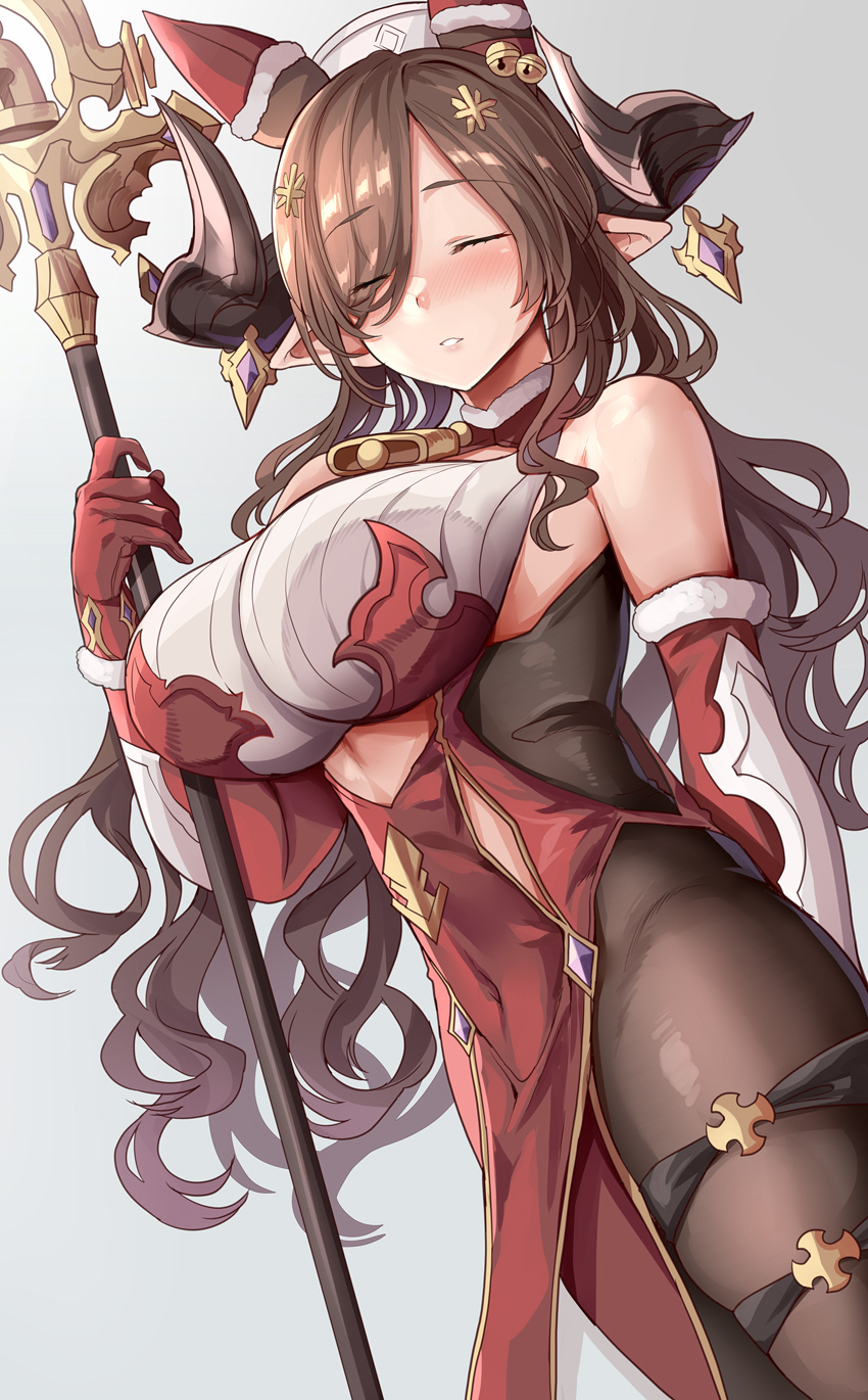 1girl alternate_costume animal_ears bare_shoulders bell black_pantyhose blush breasts brown_hair closed_eyes commentary_request galleon_(granblue_fantasy) gloves granblue_fantasy grey_background highres himuro_shunsuke horns large_breasts neck_bell pantyhose parted_lips pointy_ears red_gloves simple_background solo thighs