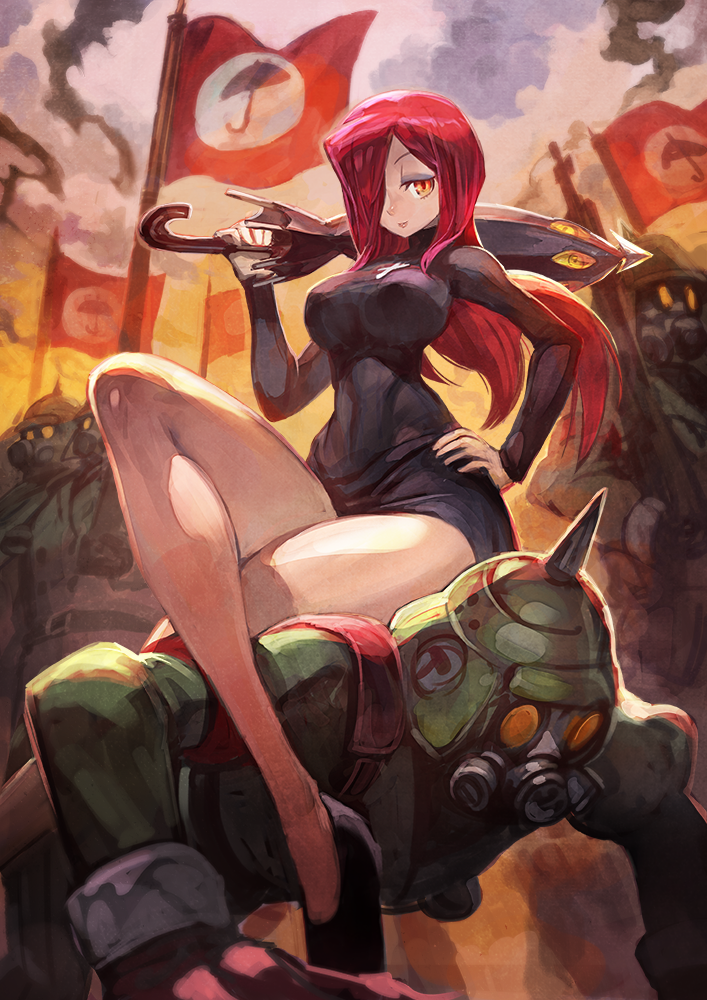 1girl all_fours army bare_legs black_footwear breasts closed_umbrella cloud cloudy_sky cross crossed_legs femdom flag gas_mask hair_over_one_eye hand_on_own_hip helmet holding holding_umbrella human_furniture krieg_(skullgirls) lack large_breasts long_hair long_sleeves looking_at_viewer mask multiple_boys no_pants no_socks one_eye_covered outdoors parasoul_(skullgirls) parted_bangs red_hair shoes sitting sitting_on_person skullgirls sky smile soldier solo_focus spiked_helmet sweater turtleneck umbrella yellow_eyes