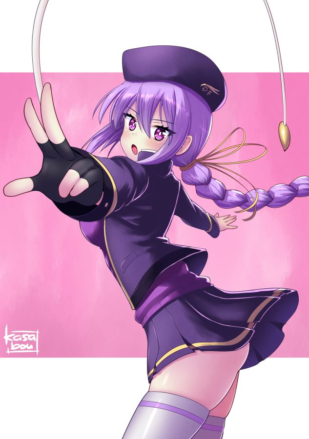 1girl black_gloves black_hat black_jacket black_skirt braid braided_ponytail cowboy_shot eltnum_(under_night_in-birth) fingerless_gloves gloves hat jacket kasabou long_hair miniskirt pleated_skirt purple_shirt shirt sion_eltnam_(type-moon) skindentation skirt thighhighs under_night_in-birth white_thighhighs
