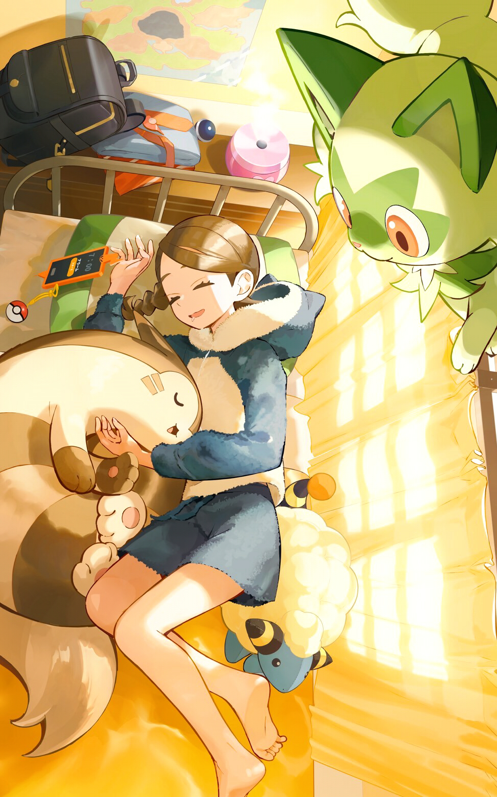 1girl backpack bag barefoot bed blue_jacket blue_shorts braid brown_hair cat cellphone_charm charm_(object) closed_eyes closed_mouth curtains day drooling folded_clothes furret gen_2_pokemon gen_4_pokemon gen_9_pokemon highres hood hooded_jacket jacket juliana_(pokemon) long_hair long_sleeves lying map mareep naranja_academy_school_uniform necktie nintendo on_side open_mouth orange_mikan phone pillow poke_ball poke_ball_(basic) pokemon pokemon_(creature) pokemon_sv red_eyes rotom rotom_phone saliva school_uniform sheep shirt shorts sleeping smile sprigatito unworn_clothes wardrobe window
