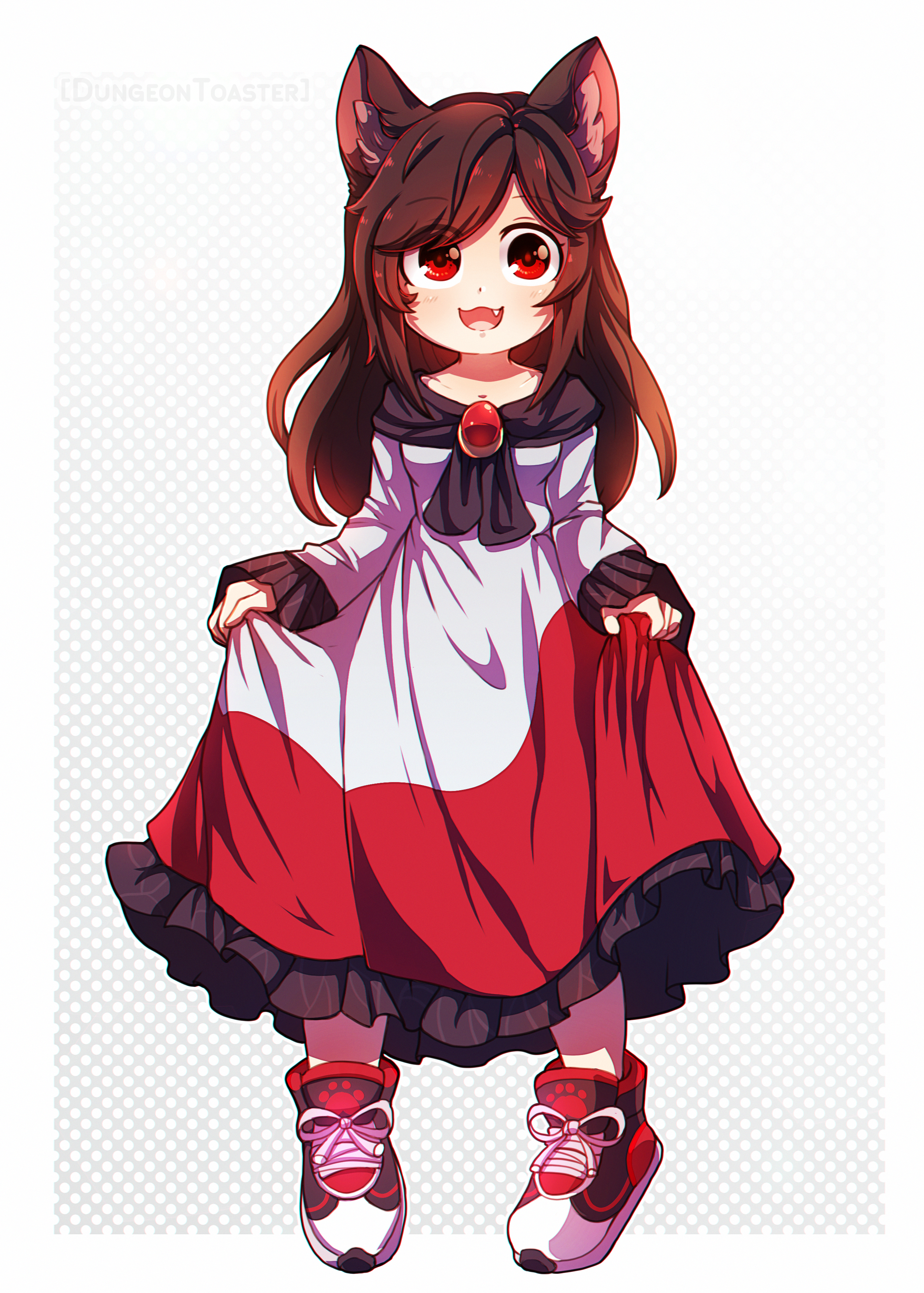 1girl absurdres alternate_footwear animal_ears artist_name border breasts brown_hair dress dungeon_toaster fang footwear_focus frilled_dress frills full_body gradient_background happy highres imaizumi_kagerou long_hair long_sleeves looking_at_viewer open_mouth red_brooch red_dress red_eyes shoelaces shoes simple_background small_breasts sneakers solo touhou two-tone_dress white_background white_border white_dress wolf_ears wolf_girl