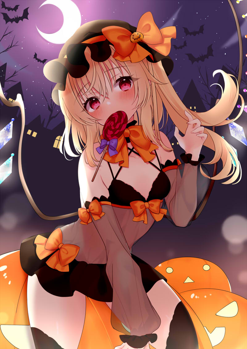 1girl alternate_costume alternate_headwear_color bat_(animal) black_hat black_skirt blonde_hair blush bow candy commentary_request crescent_moon crystal flandre_scarlet food food_in_mouth halloween halloween_costume hat hat_bow jack-o&#039;-lantern lingerie lollipop long_hair looking_at_viewer miniskirt mob_cap moon multicolored_wings night night_sky one_side_up orange_bow outdoors red_eyes see-through_clothes side_ponytail skirt sky solo star_(sky) tosakaoil touhou underwear wings