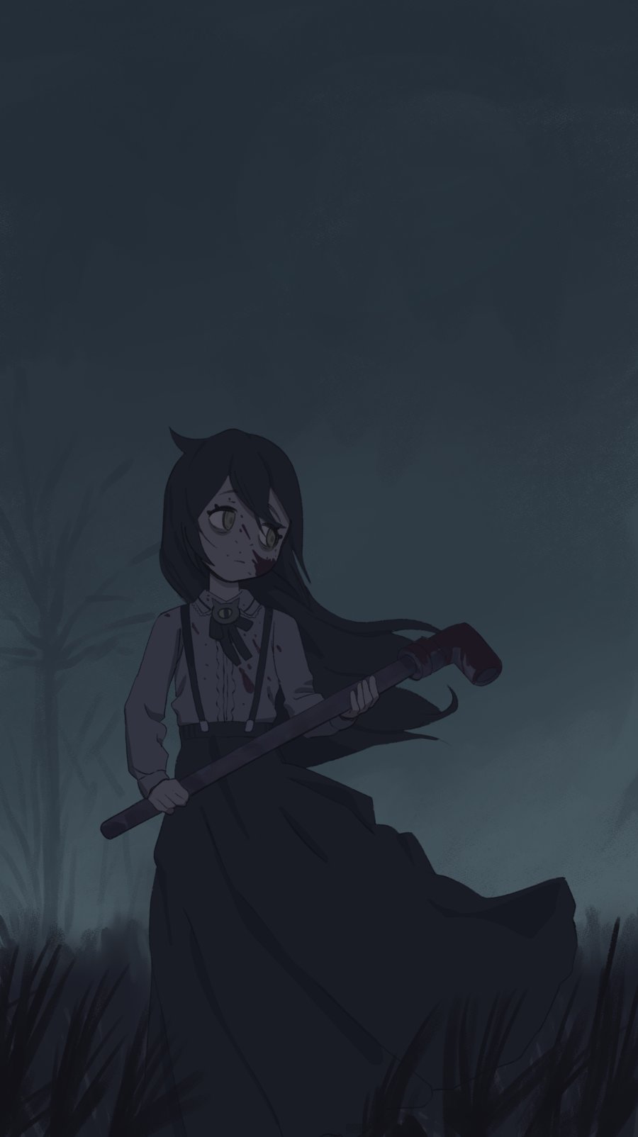 1girl bare_tree black_bow black_bowtie black_skirt black_suspenders blood blood_on_clothes blood_on_face blood_stain bloody_weapon bow bowtie commentary dead_plants fog fridge_(fridgedraws) gloom_(expression) grimmi_(vtuber) hair_between_eyes highres holding holding_lead_pipe holding_weapon indie_virtual_youtuber industrial_pipe lead_pipe long_hair long_skirt long_sleeves looking_to_the_side no_feet pale_skin shirt skirt solo suspender_skirt suspenders tree twilight virtual_youtuber weapon white_shirt