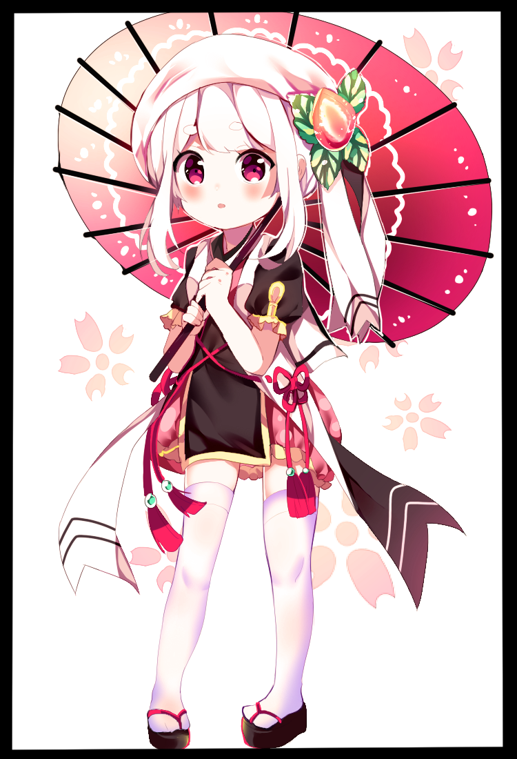 1girl blush female_focus holding holding_umbrella looking_at_viewer original parasol parted_lips pink_eyes puffy_short_sleeves puffy_sleeves sandals short_hair short_sleeves shu_(pjxv7485) solo thighhighs umbrella white_hair white_thighhighs