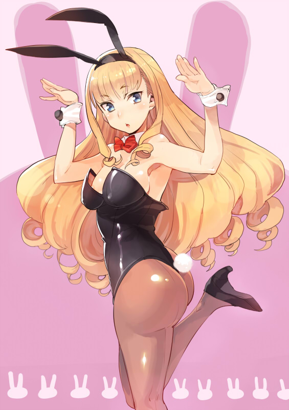 1girl animal_ears areola_slip ass blonde_hair blue_eyes bow bowtie detached_collar dream_c_club dream_c_club_(series) dream_c_club_zero drill_hair fake_animal_ears female_focus haruka_(dream_c_club) leotard long_hair oversized_breast_cup panties pantyhose playboy_bunny rabbit_ears rabbit_tail shishigomi solo tail thong thong_leotard underwear wrist_cuffs