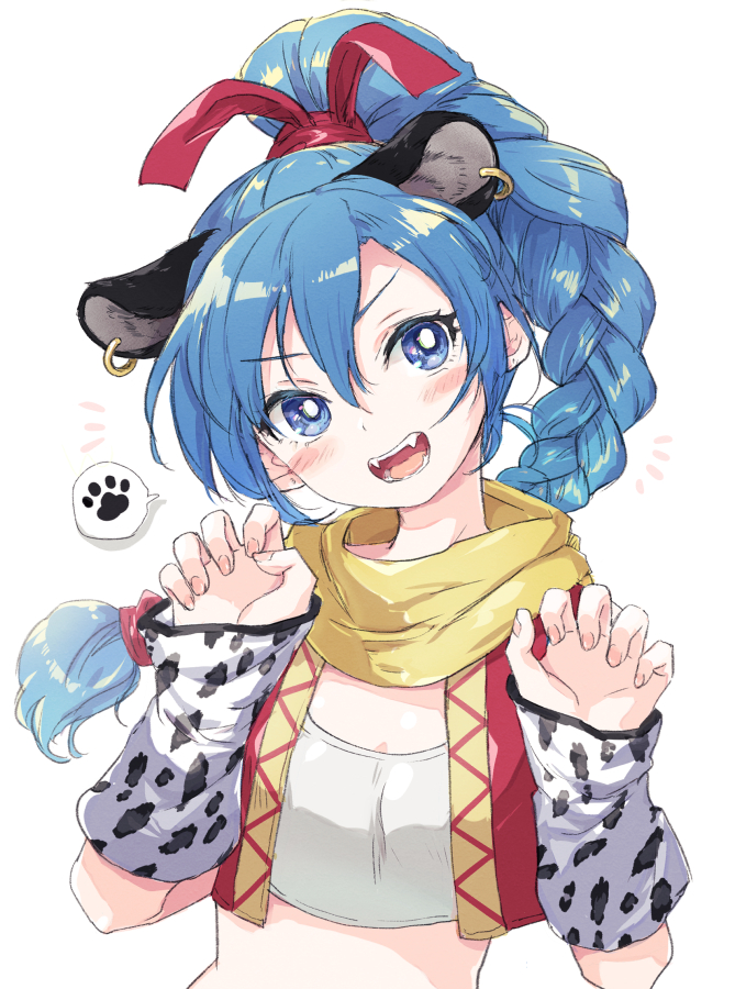 1girl animal_ears blue_eyes blue_hair blush braid braided_ponytail dragon_quest dragon_quest_xi grin hair_ribbon jewelry long_hair longdenkikettle looking_at_viewer maya_(dq11) open_mouth red_vest ribbon scarf simple_background single_braid smile solo vest white_background