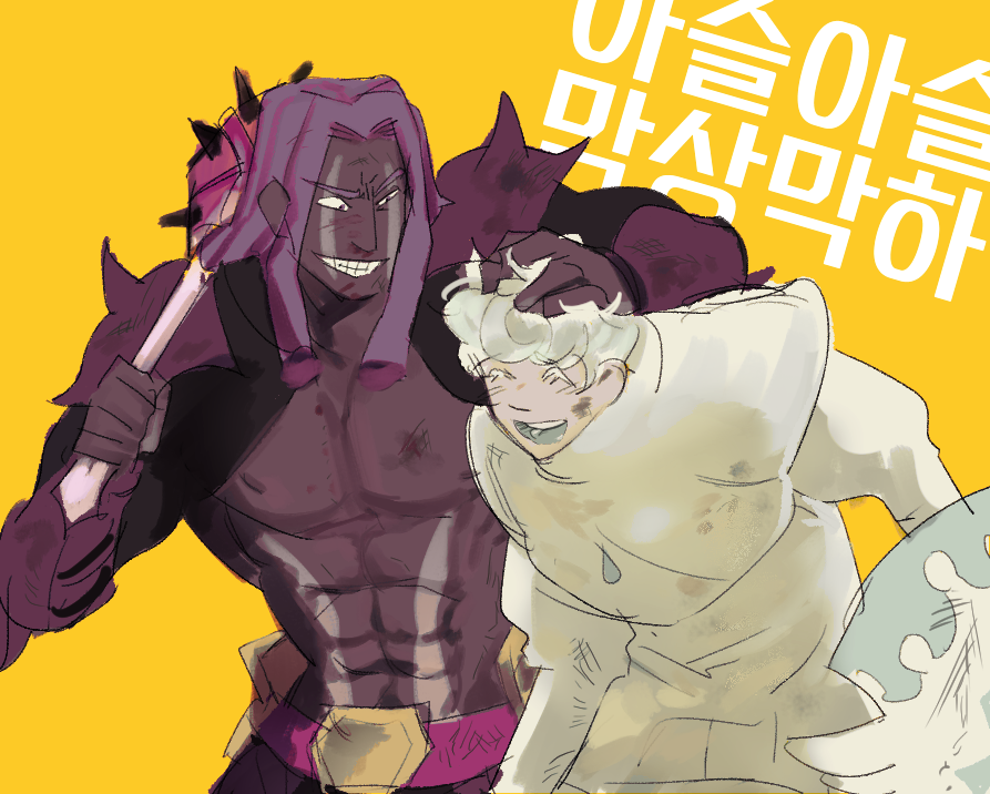 2boys abs armor bruise cookie_run cookie_run:_kingdom dark-skinned_male dark_skin dirty dirty_clothes dreadlocks grin holding holding_weapon humanization injury insam korean_text mace male_focus milk_cookie multiple_boys open_mouth purple_eyes purple_hair purple_yam_cookie ruffling_hair shield shoulder_armor simple_background smile spiked_armor teeth weapon white_hair yellow_background