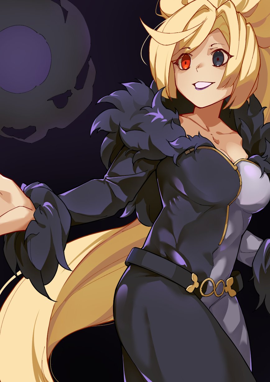 1girl :d absurdly_long_hair black_eyes blonde_hair breasts cleavage dress fur_trim heterochromia high_ponytail highres hilda_(under_night_in-birth) long_dress long_hair multicolored_dress off-shoulder_dress off_shoulder open_mouth ponytail purple_lips red_eyes smile solo swept_bangs tierra_misu two-tone_dress under_night_in-birth very_long_hair