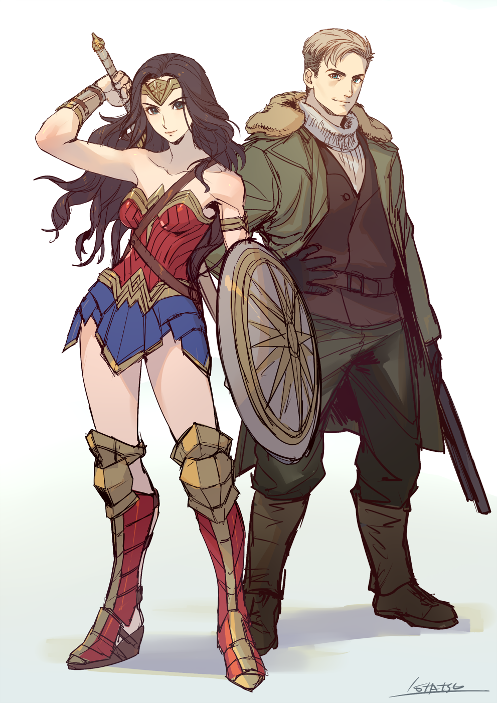1boy 1girl armor black_gloves blonde_hair blue_skirt boobplate boots breastplate brown_footwear brown_hair closed_mouth coat commentary_request contrapposto dc_comics fur_trim gloves green_coat green_pants grey_eyes hand_on_own_hip highres holding holding_sword holding_weapon kotatsu_(g-rough) long_hair looking_at_viewer pants parted_bangs pteruges ribbed_sweater sabatons signature simple_background skirt smile standing steve_trevor sweater sword tiara vambraces vest weapon weapon_on_back white_background white_sweater wonder_woman wonder_woman_(series)