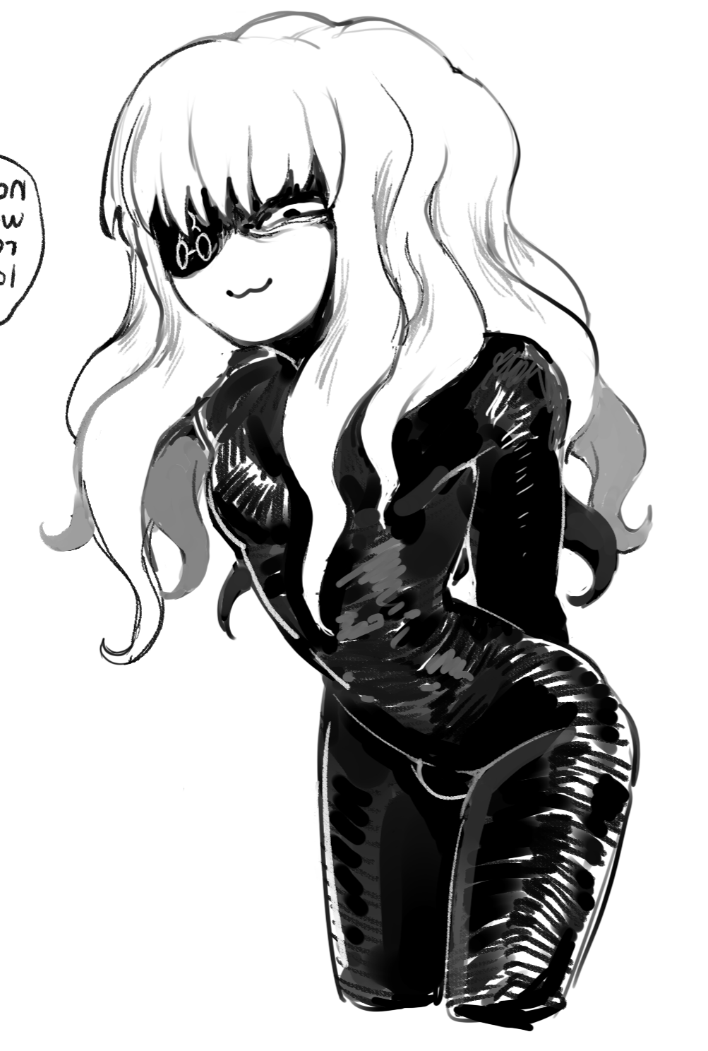 1boy :3 arms_behind_back asymmetrical_eyes bent_over black_bodysuit bodysuit bulge cropped_legs curvy demi_(dizzyspells) dizzyspells eyepatch feminine hair_over_shoulder highres long_hair looking_at_viewer male_focus original shaded_face shadow smile smug smug solo symbol trap triangle_print upper_body