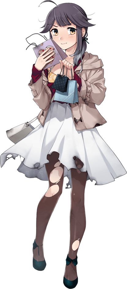 1girl ahoge alternate_costume bag black_hair black_pantyhose blouse female_focus fujikawa full_body gradient_hair hayanami_(kancolle) hayanami_(valentine)_(kancolle) holding holding_bag kantai_collection multicolored_hair official_art pantyhose red_shirt shirt short_hair shoulder_bag skirt solo torn_clothes torn_pantyhose torn_shirt torn_skirt transparent_background yellow_eyes