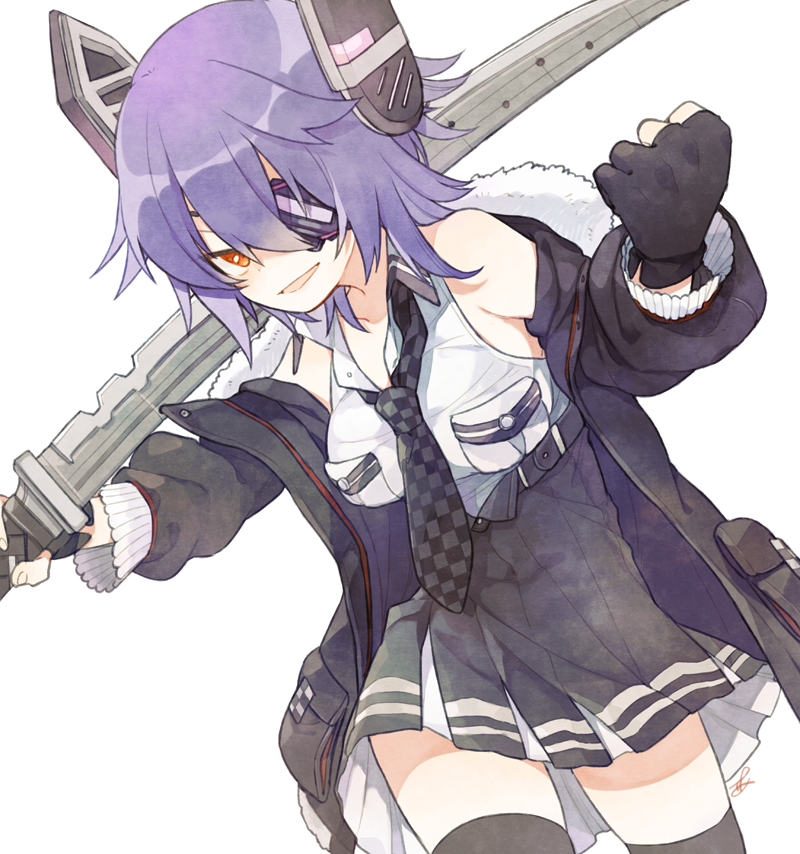 1girl ark_kan between_breasts black_gloves black_jacket black_skirt black_thighhighs breasts checkered_necktie clenched_hand collared_shirt commentary_request eyepatch fur-trimmed_jacket fur_trim gloves hair_between_eyes headgear high-waist_skirt holding holding_sword holding_weapon jacket kantai_collection long_sleeves looking_at_viewer medium_breasts necktie necktie_between_breasts open_clothes open_jacket open_mouth orange_eyes over_shoulder partially_fingerless_gloves purple_hair shirt simple_background skirt sleeveless sleeveless_shirt solo sword tenryuu_(kancolle) tenryuu_kai_ni_(kancolle) thighhighs weapon weapon_over_shoulder white_background white_shirt