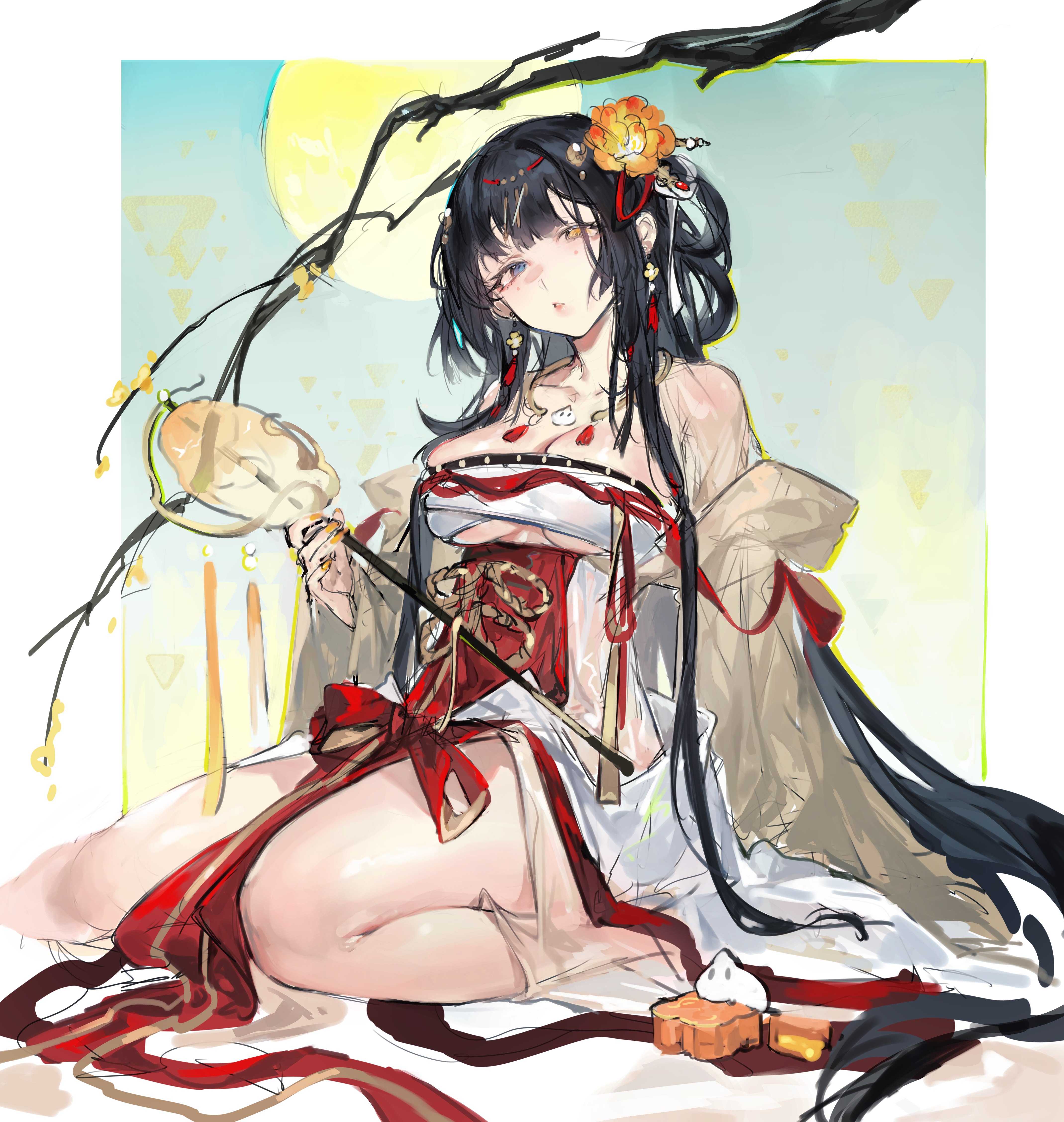 1girl absurdres bare_shoulders black_hair blue_eyes border branch breasts chinese_clothes cleavage earrings flower food hair_flower hair_ornament hand_fan hanfu heterochromia highres holding holding_fan jewelry large_breasts long_hair looking_at_viewer medium_breasts moon mooncake nail_polish necklace orange_eyes orange_nails parted_lips pelvic_curtain sitting sketch solo strapless suruga_(warship_girls_r) thighs underboob very_long_hair wariza warship_girls_r white_border xiangchizhubijin yellow_nails