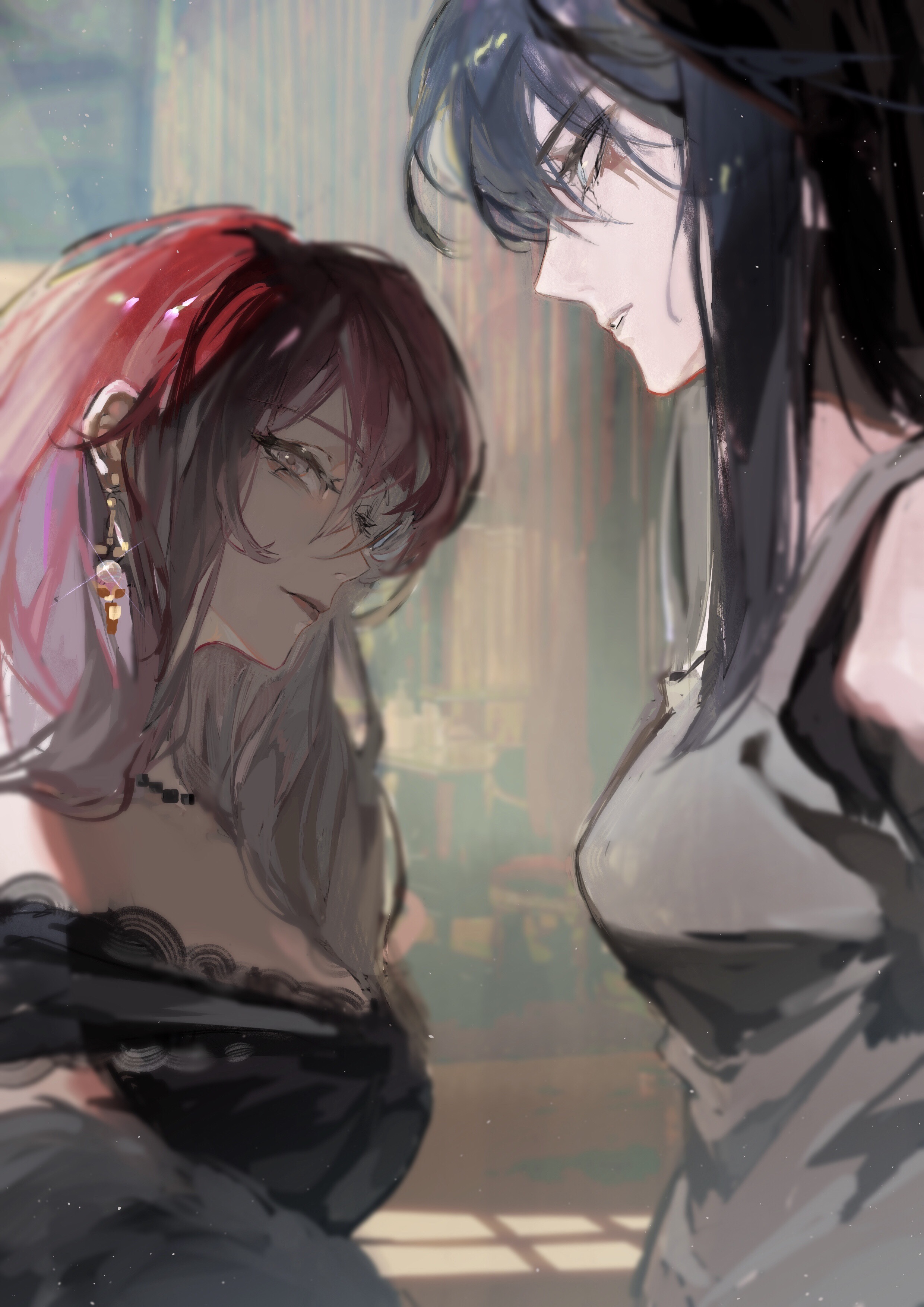 2girls absurdres alternate_costume bare_shoulders black_dress black_hair black_pearl blue_eyes breasts chinese_commentary commentary dress earrings eye_contact floating_earrings from_side gradient_hair grey_eyes grey_tank_top highres jewelry light_particles lips long_hair looking_at_another ludibianyuan medium_breasts military_vehicle motor_vehicle movie_reference multicolored_hair multiple_girls necklace path_to_nowhere pearl_earrings pearl_necklace rahu_(path_to_nowhere) red_hair shalom_(path_to_nowhere) sideways_glance strapless strapless_dress tank tank_top upper_body