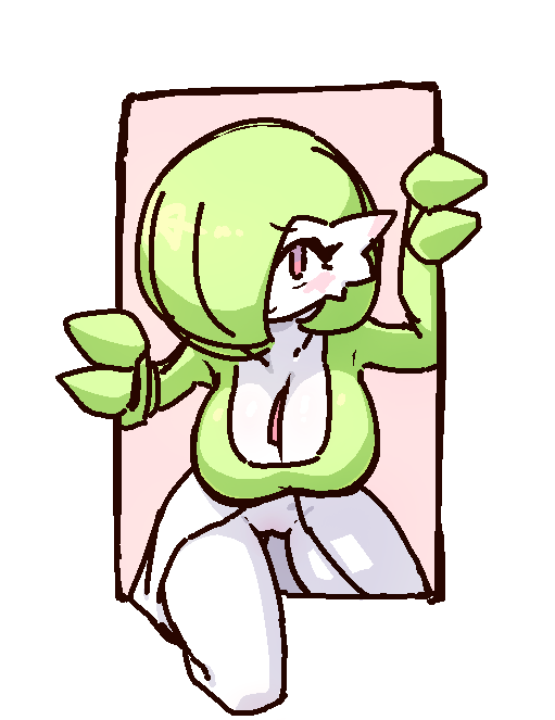 1girl arms_up blush bob_cut border breasts cleavage closed_mouth collarbone colored_skin female_focus game_freak gardevoir gen_3_pokemon gluteal_fold green_hair green_skin hair_over_one_eye happy jaggy_lines large_breasts liveactors looking_at_viewer mature_female multicolored_skin nintendo one_eye_covered outside_border pink_background pokemon pokemon_(creature) pussy raised_eyebrows red_eyes short_hair simple_background smile solo thighs through_medium transparent_border two-tone_skin uncensored white_skin wide_hips