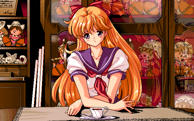 1990s_(style) 1girl aino_minako animated animated_gif bishoujo_senshi_sailor_moon blinking blonde_hair blue_sailor_collar blush bow cup hair_bow indoors long_hair looking_at_viewer mermaid_(artist) neckerchief non-web_source open_mouth pc-98_(style) puffy_short_sleeves puffy_sleeves red_bow red_neckerchief retro_artstyle sailor_collar saucer school_uniform serafuku shelf shiba_koen_middle_school_uniform shirt short_sleeves solo stuffed_toy teacup upper_body white_shirt