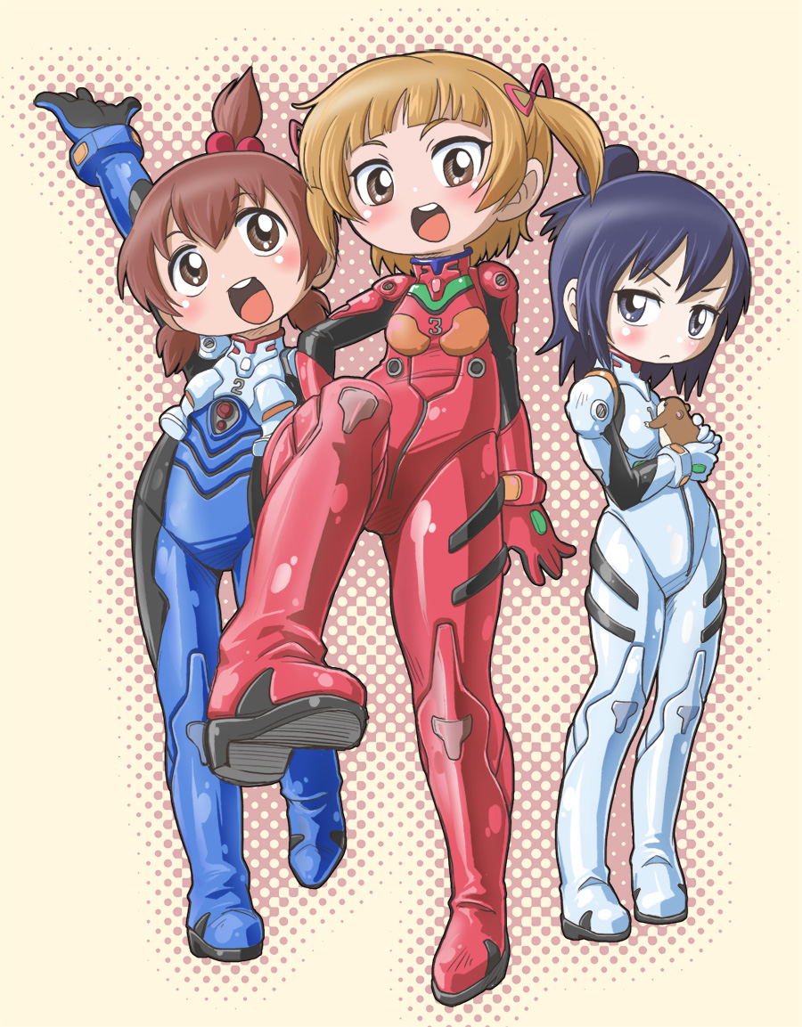3girls animal ayanami_rei ayanami_rei_(cosplay) black_hair blonde_hair blue_eyes blush bodysuit brown_eyes brown_hair chikubi cosplay crossover frown hair_bobbles hair_bun hair_ornament hair_tie hamster happy ikari_shinji ikari_shinji_(cosplay) kiichi marui_futaba marui_hitoha marui_mitsuba mecha_pilot_suit mitsudomoe_(manga) multiple_girls neon_genesis_evangelion parody plugsuit_(cosplay) plugsuit_(evangelion) purple_eyes purple_hair red_hair single_hair_bun smile souryuu_asuka_langley souryuu_asuka_langley_(cosplay) tri_tails twintails