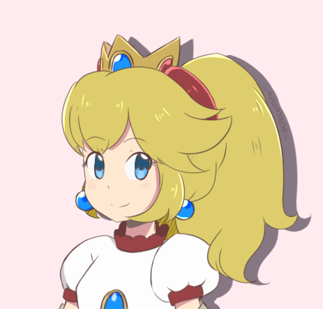 1girl blonde_hair blue_eyes blue_gemstone border brooch chocomiru closed_mouth crown dress earrings fire_peach gem happy jewelry long_hair looking_at_viewer lowres mario_(series) nintendo ponytail princess_peach sphere_earrings super_mario_3d_world white_dress