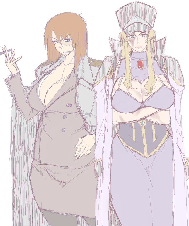 1girl bad_id bad_pixiv_id balalaika_(black_lagoon) balalaika_(black_lagoon)_(cosplay) balalaika_(cosplay) black_lagoon blonde_hair blue_eyes blush breasts burn_scar cigar cleavage cleavage_cutout clothing_cutout coat coat_on_shoulders cosplay costume_switch cowboy_shot crossed_arms crossover curvy dress facing_viewer formal_clothes forte_stollen forte_stollen_(cosplay) galaxy_angel grin hand_on_own_hip hat huge_breasts jacket large_breasts long_hair looking_at_viewer monocle multiple_girls pantyhose pencil_skirt red_hair round_eyewear scar sidelocks simple_background sketch skirt skirt_suit smile smoking sorashu standing suit white_background