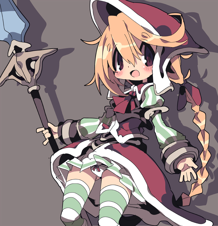 1girl blonde_hair blush bonnet bow bow_panties braid coat cordelia_(saga) dangomushi dress long_hair long_sleeves looking_at_viewer open_mouth panties polearm puffy_sleeves saga saga_frontier_2 simple_background skirt smile solo striped_clothes striped_thighhighs thighhighs twin_braids underwear weapon
