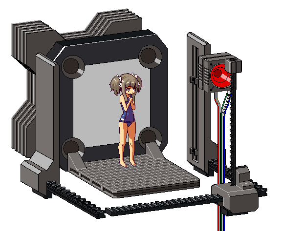 1girl bare_arms bare_legs bare_shoulders barefoot bow brown_eyes brown_hair child closed_mouth commentary eyebrows female_focus fukouna_shoujo_03 full_body hair_bow hair_ornament hair_ribbon long_sideburns machine matching_hair/eyes own_hands_clasped pixel_art ribbon scared sideburns solo standing swimsuit transparent_background twintails vvindowsme wire