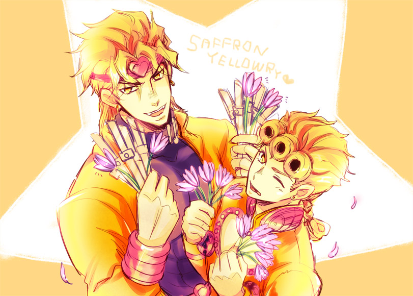 2boys blonde_hair braid commentary_request dio_brando earrings father_and_son flower giorno_giovanna headband hisohiso_(altoblue) holding holding_flower holding_knife jacket jewelry jojo_no_kimyou_na_bouken knife male_focus multiple_boys one_eye_closed red_headband single_braid stardust_crusaders stud_earrings vento_aureo wryyyyyyyyyyyyyyyyyyyy yellow_eyes yellow_jacket
