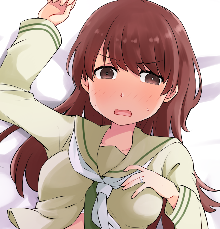 1girl bed_sheet blush brown_eyes brown_hair collarbone jewelry kantai_collection long_hair long_sleeves neckerchief okitarou_(okiyo) ooi_(kancolle) ooi_kai_ni_(kancolle) open_mouth ring sailor_collar school_uniform serafuku solo upper_body wedding_ring white_neckerchief