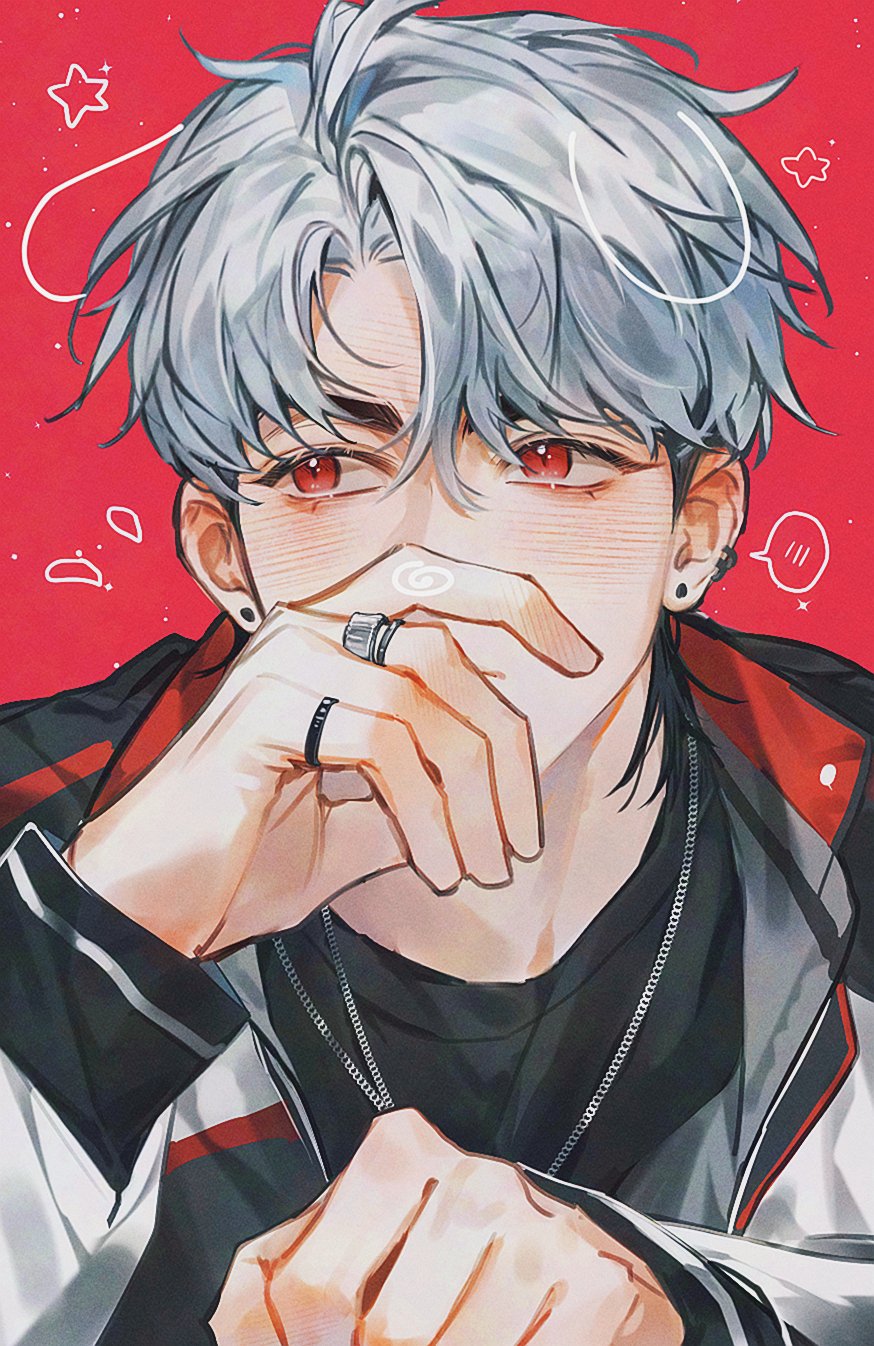 1boy arm_up black_shirt blush commentary_request covering_own_mouth crew_neck curtained_hair earrings eunho_(plave) highres jacket jewelry long_sleeves looking_to_the_side male_focus multicolored_hair necklace on_dde open_clothes open_jacket parted_bangs parted_hair piercing plave red_background red_eyes ring shirt sideways_glance solo speech_bubble spoken_blush stud_earrings two-tone_hair upper_body