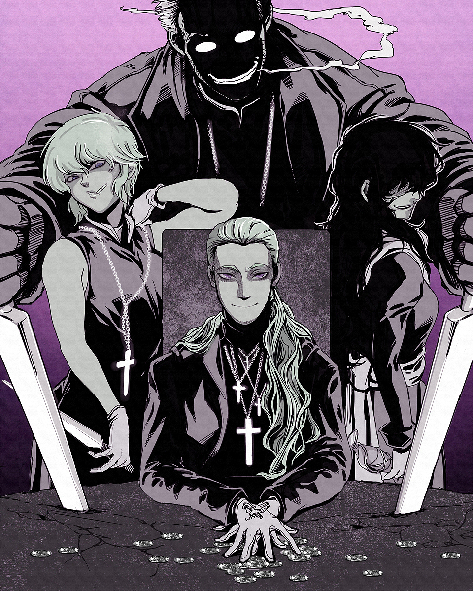 2boys 2girls alexander_anderson black_hair blonde_hair christianity cross cross_necklace enrico_maxwell gloves heinkel_wolfe hellsing highres jewelry latin_cross multiple_boys multiple_girls necklace sitting sword takagi_yumie weapon