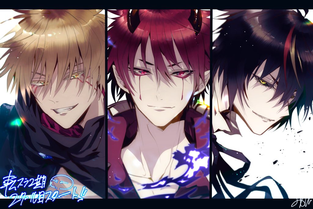 3boys benimaru_(tensura) black_hair blonde_hair collarbone diablo_(tensura) facial_mark grin high_collar horns looking_at_viewer multiple_boys red_eyes red_hair short_hair sirofuku414 smile tensei_shitara_slime_datta_ken veldora_(tensura) yellow_eyes