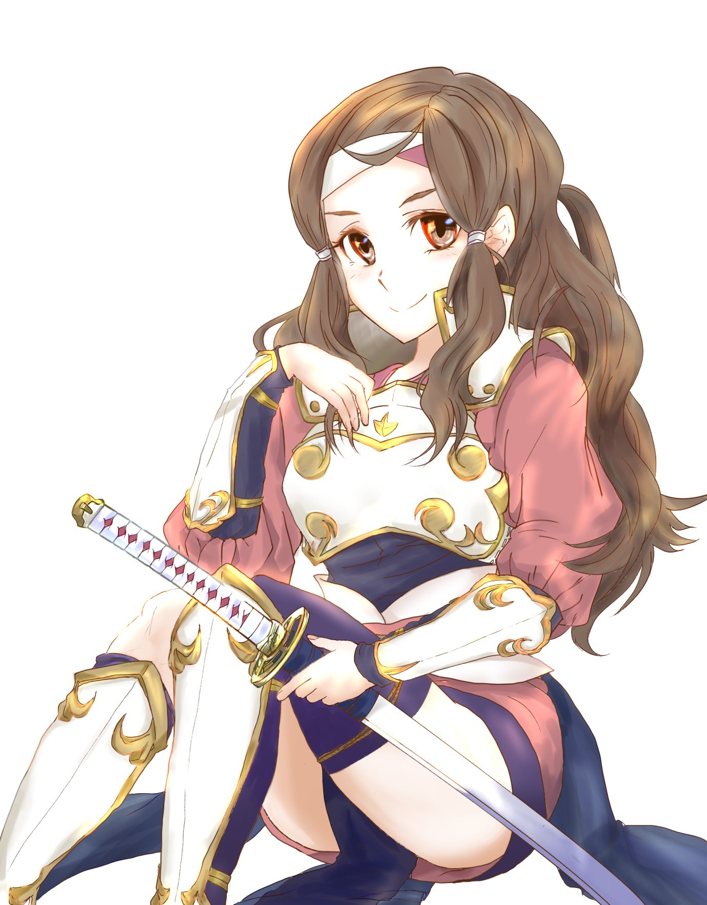 1girl armor brown_eyes fire_emblem fire_emblem_fates hana_(fire_emblem) headband highres japanese_armor japanese_clothes katana nintendo samurai shin_guards sword tomojiyo_(toko) weapon
