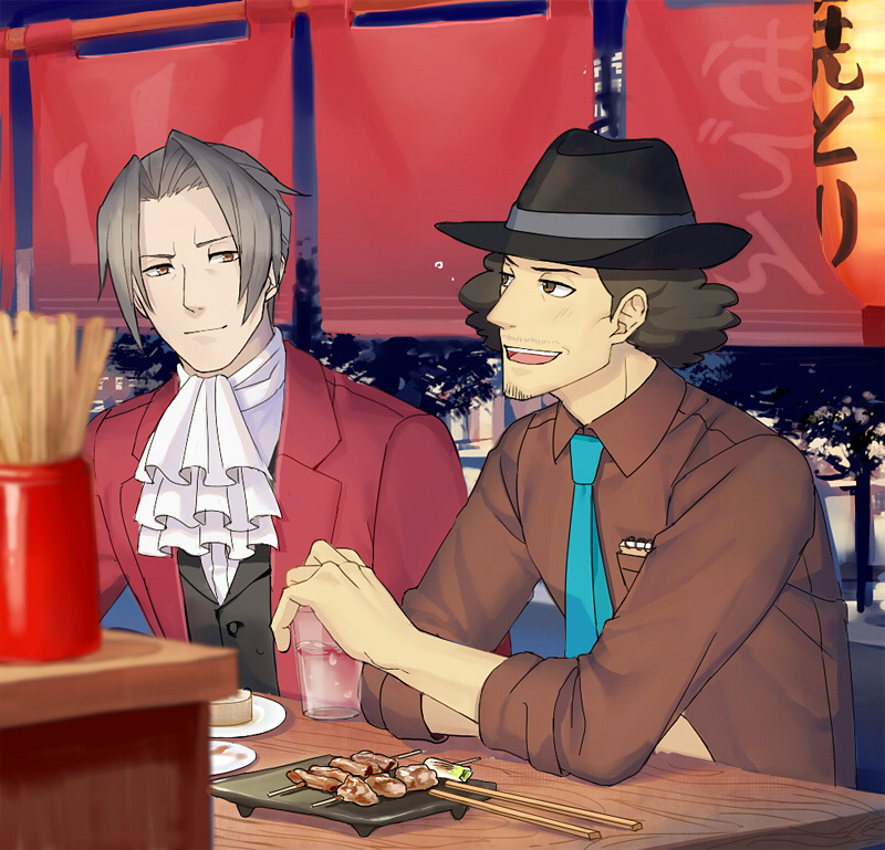 2boys ace_attorney ace_attorney_investigations ace_attorney_investigations_2:_prosecutor&#039;s_gambit ascot black_hat black_vest blue_necktie brown_eyes brown_hair brown_shirt chopsticks collared_shirt cup fedora food food_stand formal_clothes grey_hair hat holding holding_cup jacket looking_at_another male_focus miles_edgeworth multiple_boys necktie red_suit sen_nai shigaraki_tateyuki shirt short_hair skewer smile suit suit_jacket teeth upper_teeth_only vest white_ascot yakitori yatai