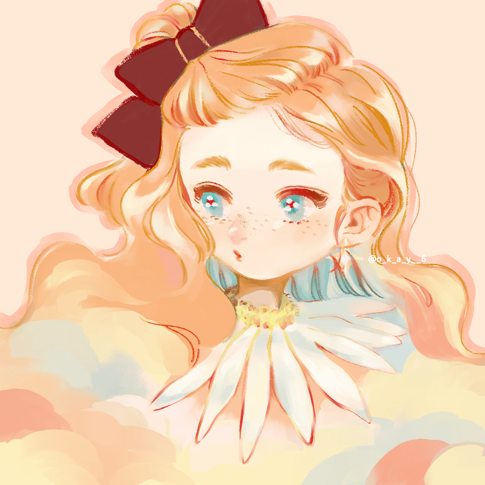 1girl black_bow blonde_hair bow earrings eyelashes freckles green_eyes hair_bow jewelry lips looking_afar looking_to_the_side makeup oka-easelandshiro original portrait red_lips rouge_(makeup) simple_background solo square twitter_username variant_set