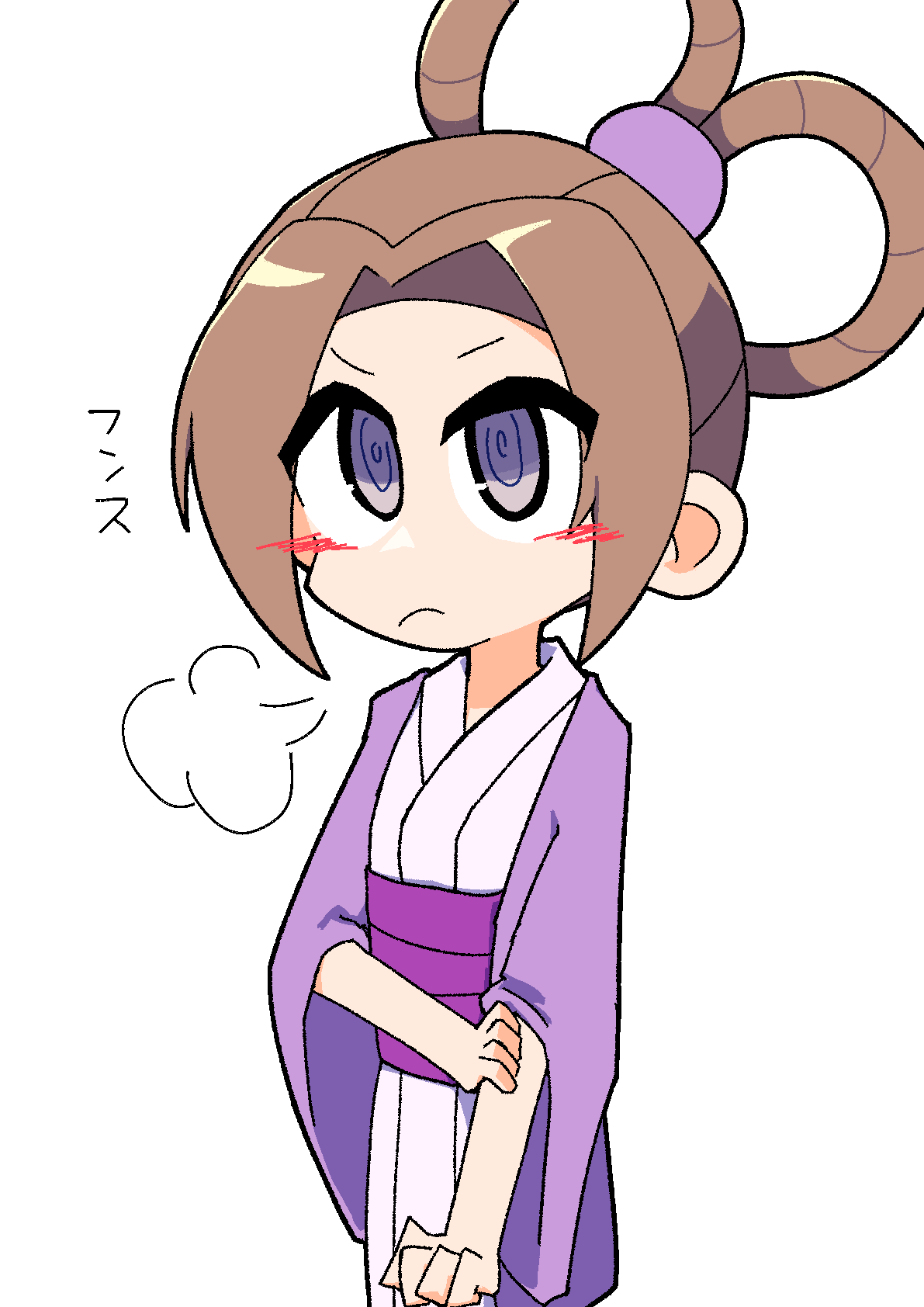 ace_attorney blush brown_hair dress highres japanese_clothes japanese_text kan_(kam48360493) kimono pearl_fey pout puff_of_air purple_dress