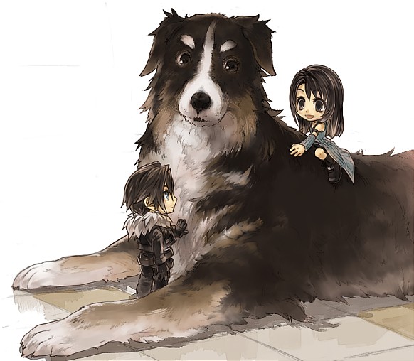 1boy 1girl angelo_(ff8) arm_ribbon belt black_eyes black_footwear black_gloves black_hair black_jacket black_pants black_ribbon blue_eyes boots brown_hair chibi cropped_jacket detached_sleeves dog facing_to_the_side final_fantasy final_fantasy_viii full_body fur-trimmed_jacket fur_trim gloves hand_up hinokami indoors jacket jewelry long_hair long_sleeves looking_at_another multicolored_fur multiple_belts necklace on_animal open_mouth pants petting ribbon ring ring_necklace rinoa_heartilly shirt short_hair sitting sitting_on_animal sleeveless_duster smile squall_leonhart standing tile_floor tiles white_background white_fur white_shirt