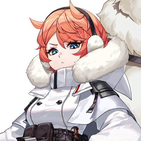 belt blue_eyes breasts buttons cape closed_mouth coat d-log double-breasted earmuffs female_focus fur-trimmed_coat fur-trimmed_hood fur_trim game_cg hair_between_eyes hair_tuft high_collar hood hood_down last_origin looking_at_viewer medium_breasts official_art orange_hair pixie_(last_origin) short_hair shoulder_pads spiked_hair transparent_background upper_body white_cape white_coat white_fur