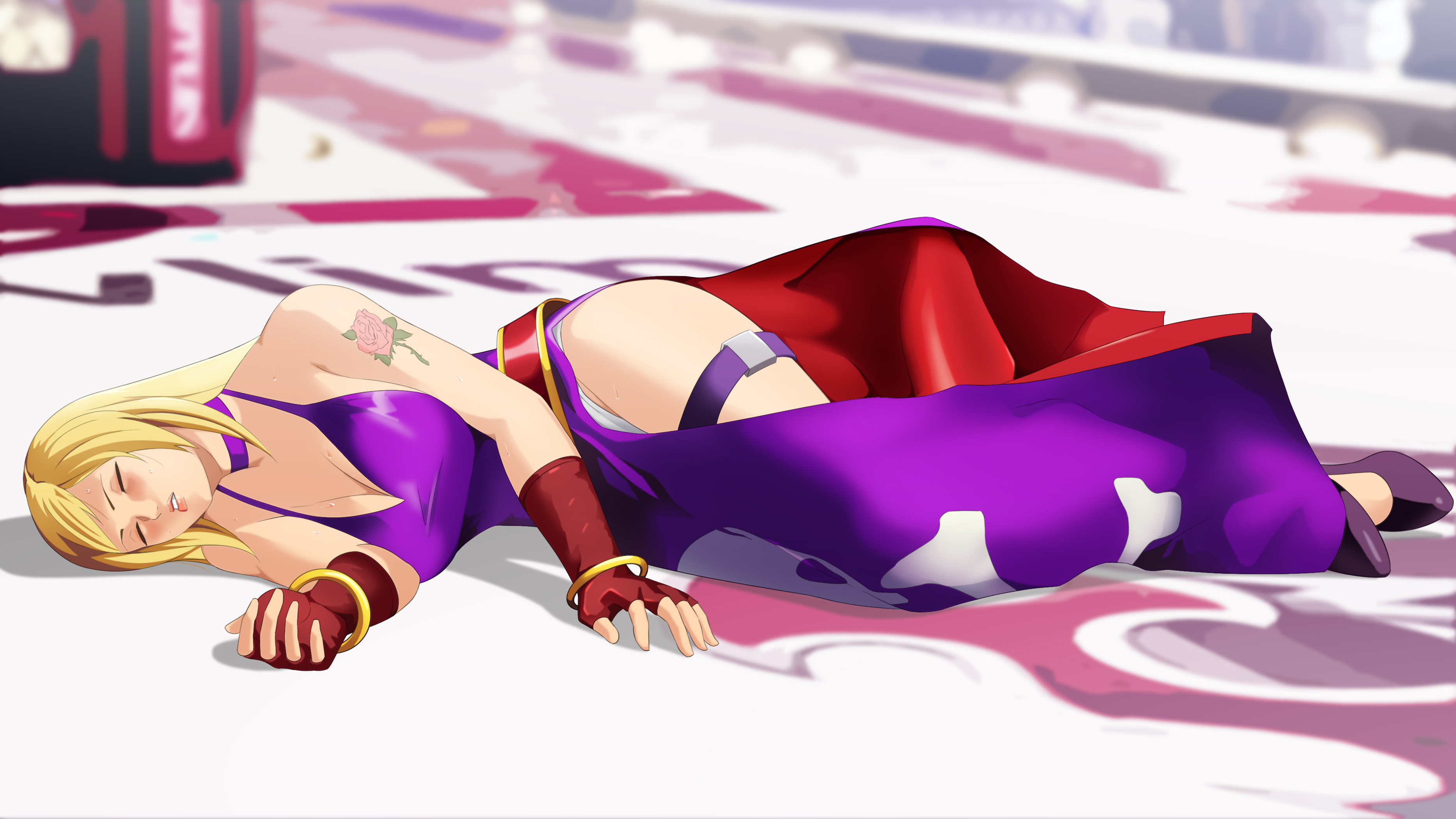 1girl a-ru_(dn1217) absurdres bare_shoulders belt blonde_hair breasts choker cleavage closed_mouth defeat dress fainted fainting fatal_fury fingerless_gloves flower_tattoo full_body garou:_mark_of_the_wolves gloves high_heels highres b._jenet jolly_roger large_breasts long_hair loose_belt parted_lips purple_choker purple_dress red_gloves ringlets ryona solo sweat tattoo teeth the_king_of_fighters the_king_of_fighters_xv thigh_strap unconscious