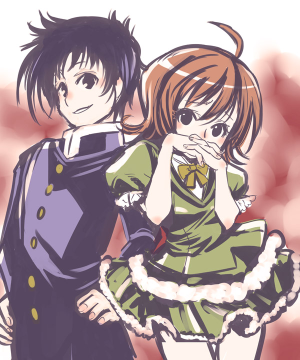 00s 1boy 1girl ahoge black_eyes black_hair brown_hair good_loser_kumagawa hand_over_mouth kumagawa_misogi medaka_box school_uniform suika sukinasaki_saki