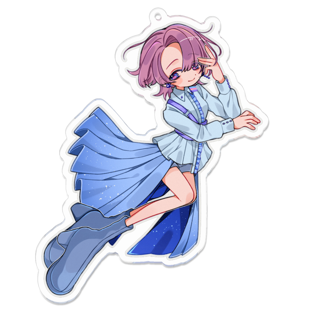 1girl alpha_transparency arimura_mao asymmetrical_bangs blue_skirt boots closed_mouth full_body gakuen_idolmaster hand_up high_heels idolmaster long_sleeves looking_at_viewer nasi_(na_si) outline purple_eyes purple_hair shirt short_hair signature skirt sleeve_cuffs smile solo transparent_background white_shirt