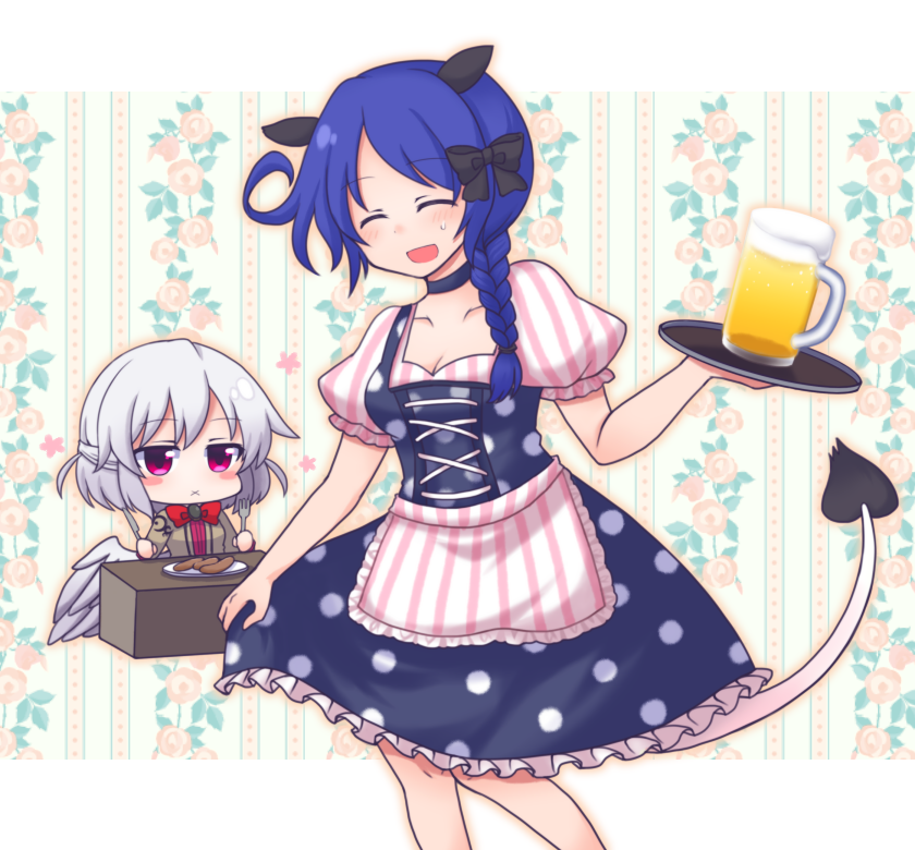 2girls x_mouth alcohol animal_ears apron beer beer_mug black_bow black_choker blue_hair blush blush_stickers bow bowtie braid breasts choker cleavage closed_eyes collarbone cup dirndl doremy_sweet dress floral_background food fork german_clothes hair_bow kishin_sagume knife medium_breasts mug multiple_girls no_headwear open_mouth polka_dot polka_dot_dress puffy_short_sleeves puffy_sleeves red_eyes red_neckwear sausage shiohachi shirt short_sleeves silver_hair single_braid single_wing skirt_hold smile striped_apron striped_clothes striped_shirt tail tapir_ears tapir_tail touhou tray waist_apron white_wings wings