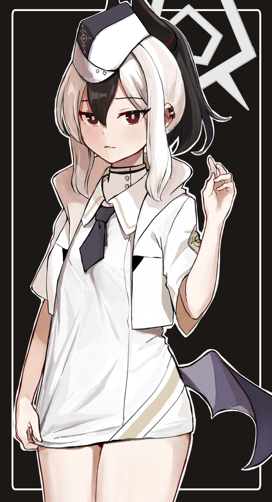 1girl black_background black_hair black_horns black_necktie blue_archive closed_mouth commentary demon_horns dress ear_piercing garrison_cap hair_between_eyes halo hand_up hat highres horns kayoko_(blue_archive) looking_at_viewer multicolored_hair necktie piercing ponytail purple_wings red_eyes short_necktie short_sleeves simple_background single_wing solo standing tentaizukan two-tone_hair utnapishtim_operator_uniform_(blue_archive) white_dress white_hair white_hat wings