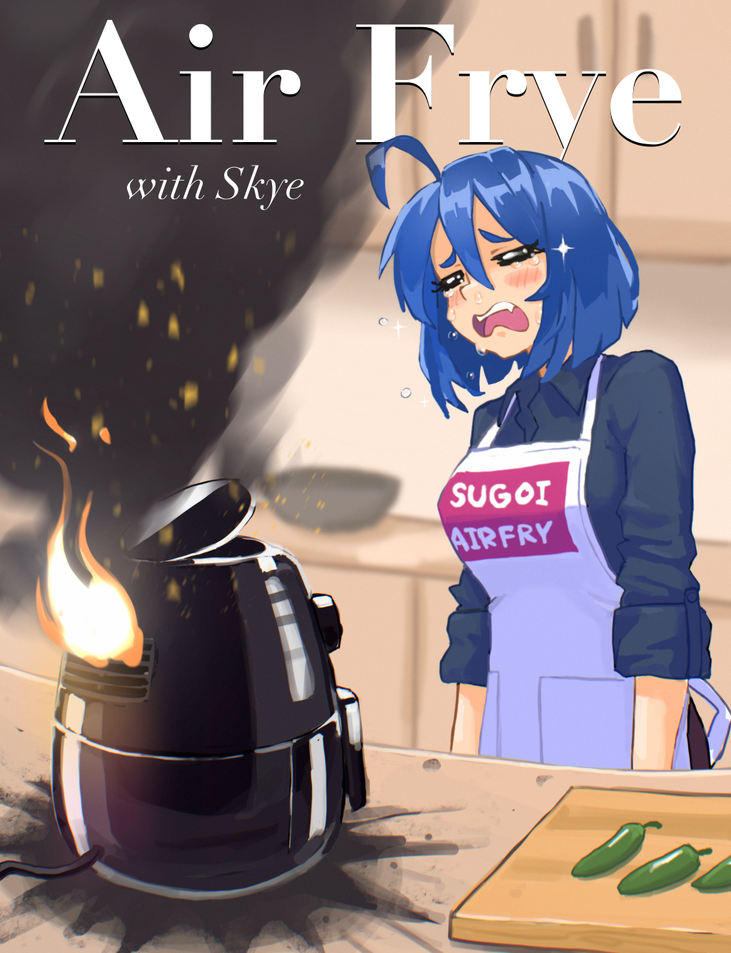 1girl ahoge air_fryer apron black_shirt blue_hair blurry blush chili_pepper closed_eyes collared_shirt commentary crying depth_of_field english_commentary english_text fire hair_between_eyes hcnone highres jalapeno_pepper kitchen original print_apron shirt short_hair skye_(hcnone) sleeves_rolled_up smoke snot solo sugoi_dekai upper_body white_apron