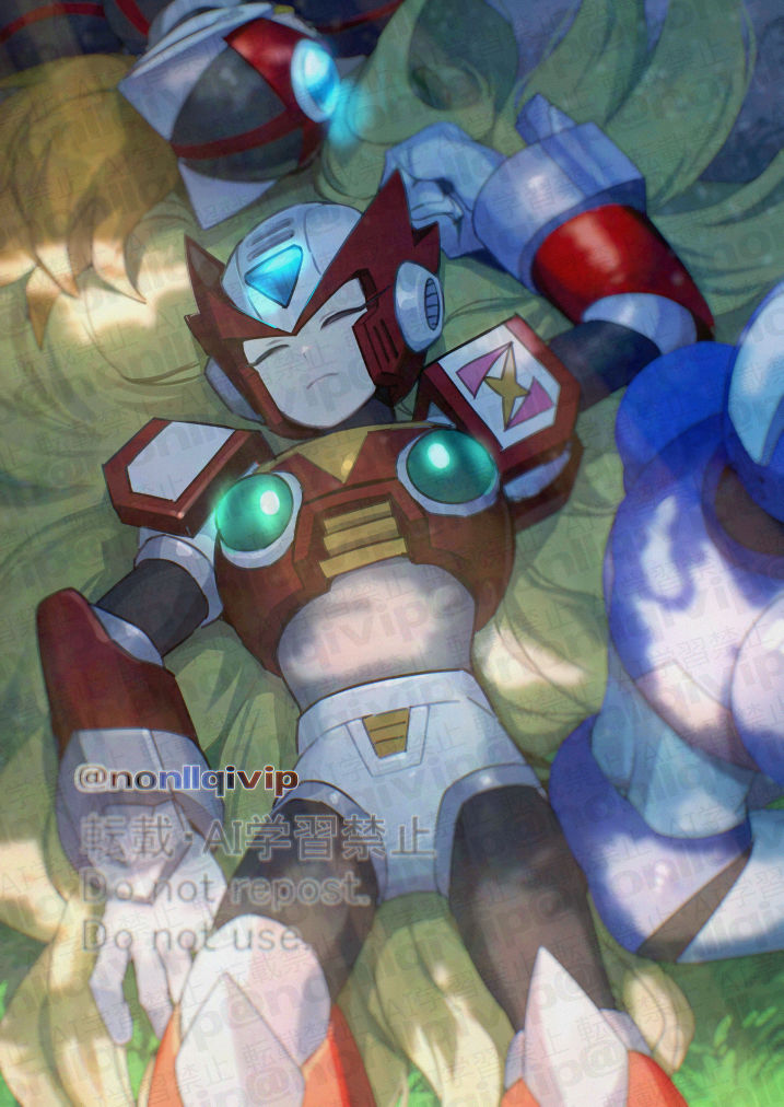 3boys armor axl_(mega_man) blonde_hair chest_jewel forehead_jewel helmet long_hair lying male_focus mega_man_(series) mega_man_x_(series) multiple_boys on_back red_armor red_helmet sleeping solo_focus twitter_username watermark x_(mega_man) yamanashi_taiki zero_(mega_man)