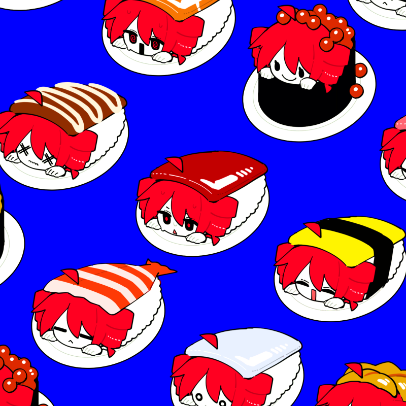 1girl :&lt; =_= @_@ ahoge aoi_tsuyu blue_background chibi closed_eyes closed_mouth detached_ahoge drill_hair fish_(food) food gunkanmaki in_food kasane_teto multiple_views nigirizushi o_o open_mouth plate red_eyes short_hair simple_background smile solid_oval_eyes sushi twin_drills utau wavy_mouth x_x