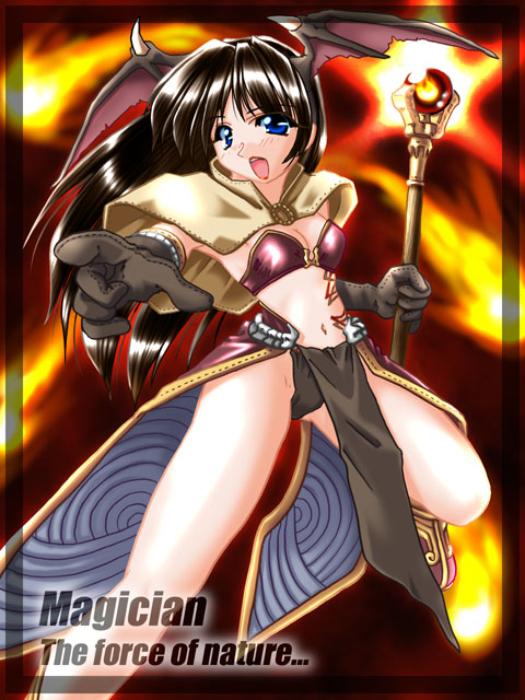 1girl 2000s_(style) bikini bikini_top_only black_hair blue_eyes blush boots breasts brown_capelet brown_gloves capelet cello character_name commentary_request demon_wings elbow_gloves english_text foot_out_of_frame gloves head_wings holding holding_staff instrument long_hair looking_at_viewer mage_(ragnarok_online) midriff midriff_tattoo navel open_mouth orange_background pelvic_curtain purple_bikini purple_skirt ragnarok_online reaching reaching_towards_viewer showgirl_skirt skirt small_breasts solo staff swimsuit tatsumi_ray wings