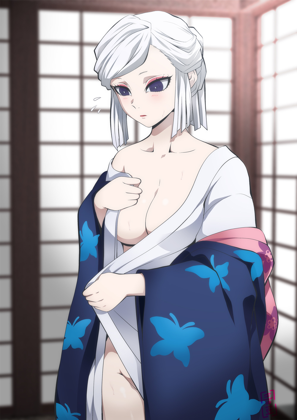 1girl blush breasts closed_mouth collarbone highres indoors japanese_clothes kaname_aomame kimetsu_no_yaiba long_hair medium_breasts no_bra no_panties open_clothes pale_skin ubuyashiki_amane white_hair wide_sleeves
