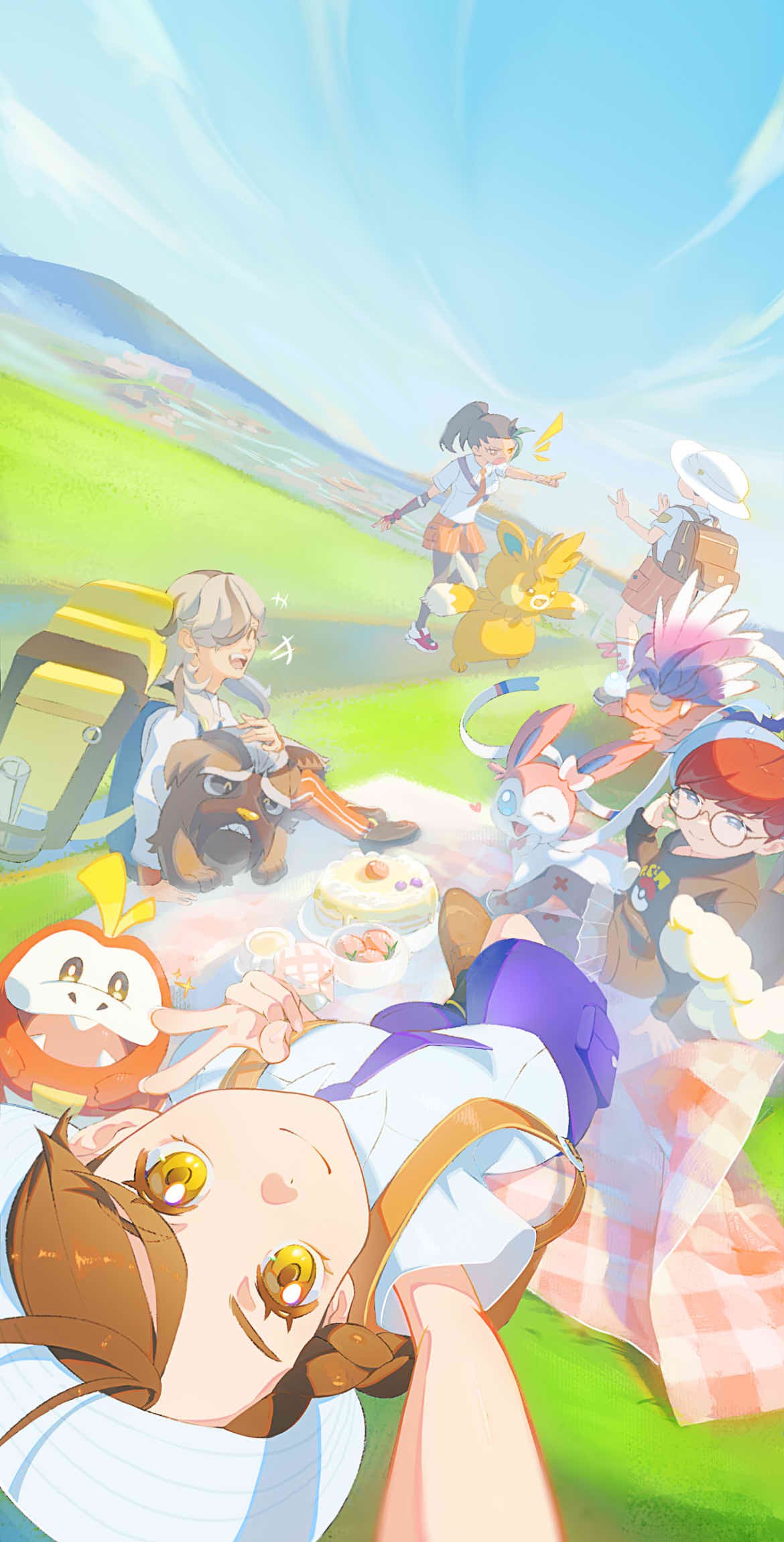 2boys 3girls arven_(pokemon) backpack bag blue_eyes braid brown_hair closed_mouth commentary_request day emo_qianzi food fuecoco gen_6_pokemon glasses grass hat heart highres hill hood hoodie juliana_(pokemon) koraidon mabosstiff multicolored_hair multiple_boys multiple_girls necktie nemona_(pokemon) nintendo outdoors pantyhose pawmot penny_(pokemon) pointing poke_ball_print pokemon pokemon_(creature) pokemon_sv purple_necktie purple_shorts red_hair round_eyewear school_uniform see-through_clothes see-through_skirt selfie shirt short_hair shorts sitting skirt sky smile sylveon two-tone_hair v yellow_bag