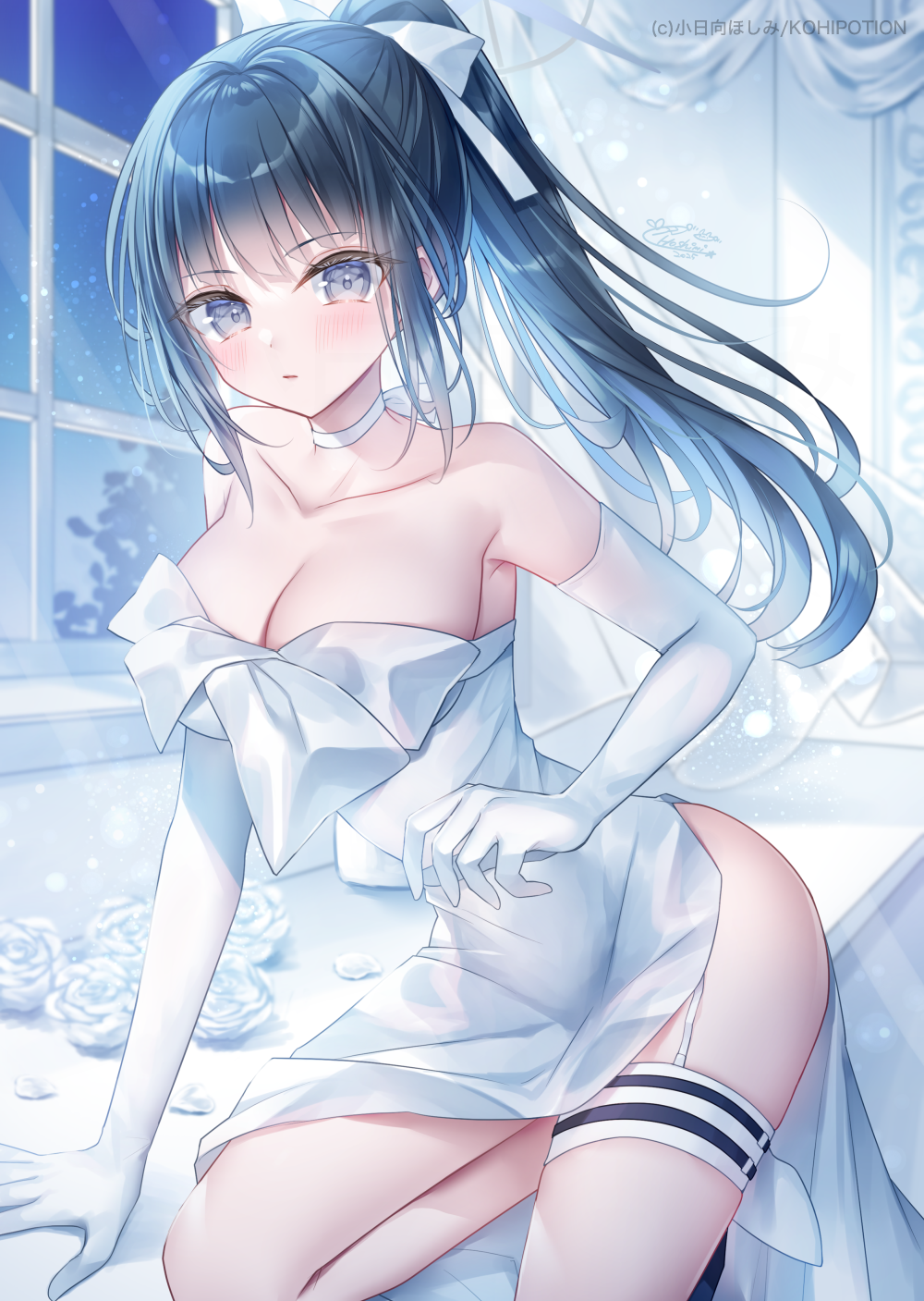 1girl armpit_crease artist_name bare_shoulders blue_archive blue_eyes blue_hair blush breasts choker cleavage closed_mouth collarbone commentary_request curtains dress elbow_gloves flower gloves high_ponytail highres indoors kohinata_hoshimi large_breasts long_hair looking_at_viewer night official_alternate_costume ponytail saori_(blue_archive) saori_(dress)_(blue_archive) signature solo strapless strapless_dress thigh_strap very_long_hair white_choker white_dress white_flower white_gloves