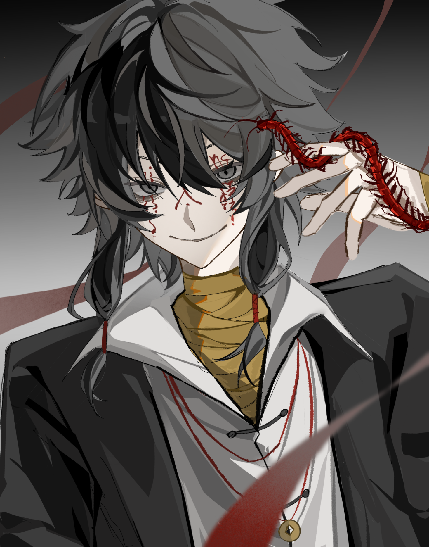 1boy bandaged_neck bandages black_hair black_jacket bug centipede chinese_commentary closed_mouth coin coin_on_string collared_shirt commentary_request facepaint highres holed_coin jacket male_focus ngshizaibide open_clothes open_jacket shirt short_hair_with_long_locks sidelocks smile solo touqi_guaitan upper_body variant_set white_shirt ziche_fuzhao