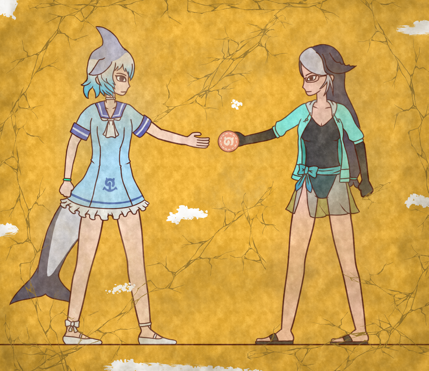 2girls black_gloves black_hair black_one-piece_swimsuit blue_dress blue_hair california_sea_lion_(kemono_friends) cetacean_tail commentary_request common_bottlenose_dolphin_(kemono_friends) crack dorsal_fin dress egyptian_art elbow_gloves fins fish_tail food frilled_dress frills full_body glasses gloves gradient_hair grey_hair highres hood hoodie japari_bun japari_symbol kemono_friends kemono_friends_2 kita_(7kita) looking_at_another multicolored_hair multiple_girls one-piece_swimsuit outstretched_arm profile sailor_dress sash swimsuit swimsuit_under_clothes tail two-tone_hair